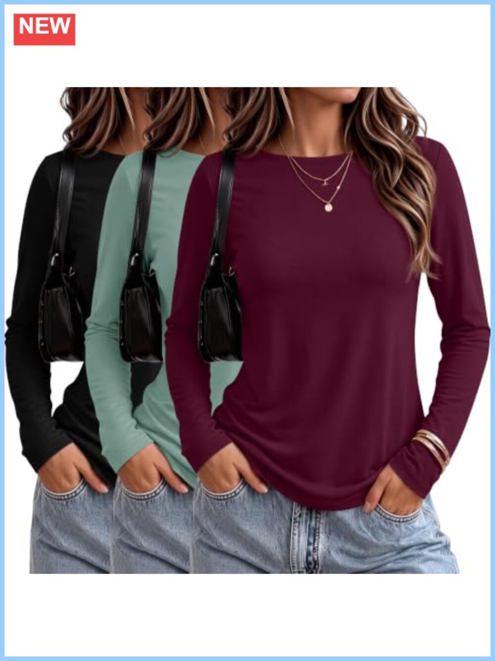 3 Pack Womens Long Sleeve Crew Neck Tops Polyester Blend Casual